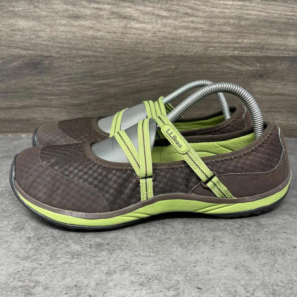LL Bean Mary Jane Sneakers Flats Womens Size 8.5 Brown Green Slip On Shoes